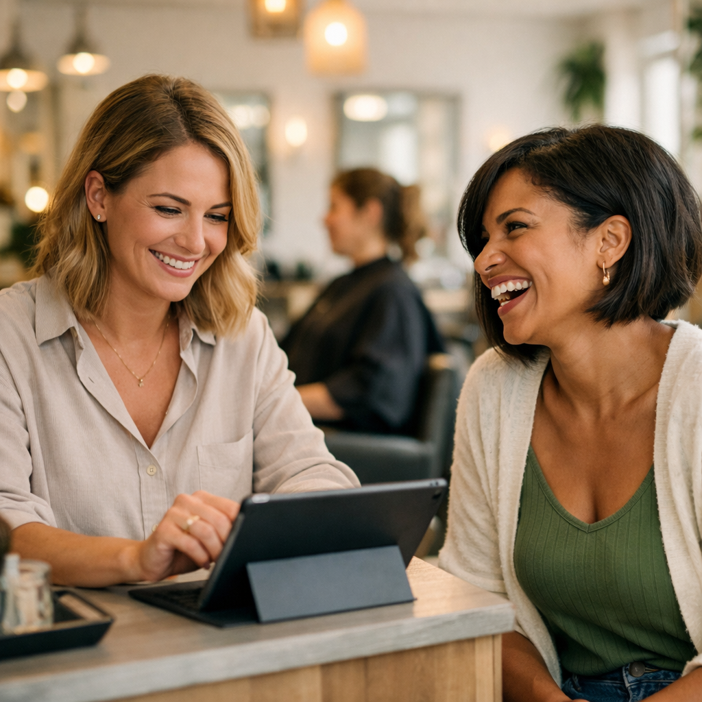 Recepción de salón y cliente mirando una tablet juntos, sonriendo