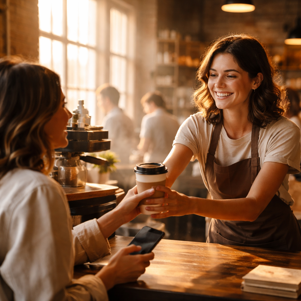 Barista entregando café a un cliente en la barra soleada de un café