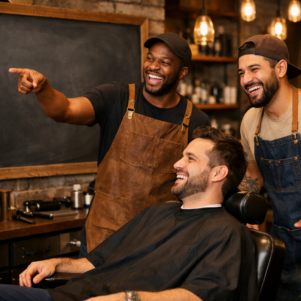 Barberos y cliente riendo juntos en una barbería moderna